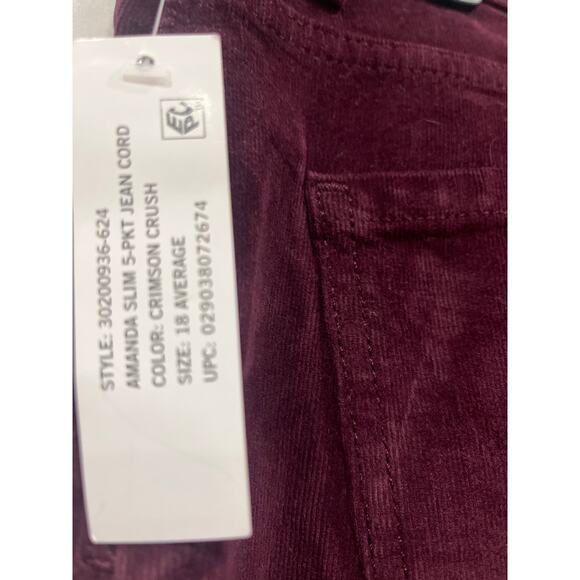 Gloria Vanderbilt Amanda Slim Corduroy Jeans Womens 18 Crimson Crush Velvety Cor - Picture 5 of 5